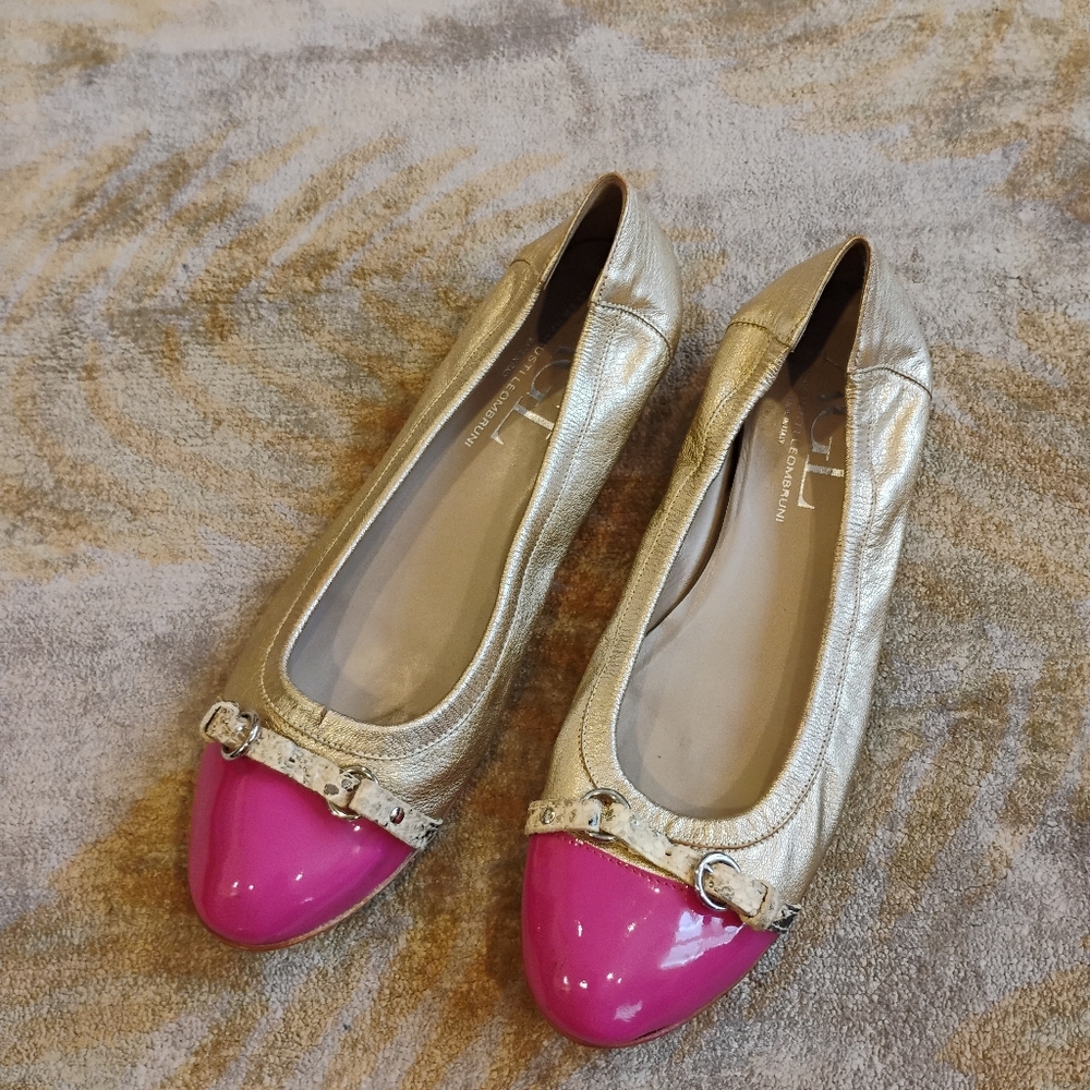 AGL Gold and Pink Leather Women's Ballet Flats, Size 44. Made In Italy